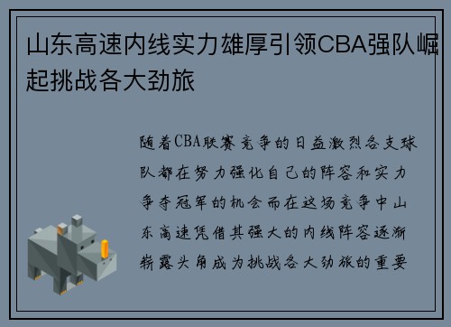 山东高速内线实力雄厚引领CBA强队崛起挑战各大劲旅