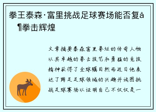 拳王泰森·富里挑战足球赛场能否复制拳击辉煌
